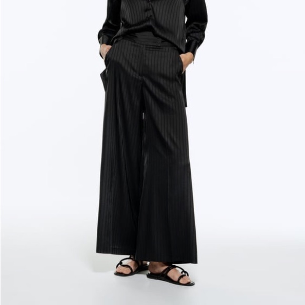 ZARA PINSTRIPE SATIN WIDE LEG TROUSER